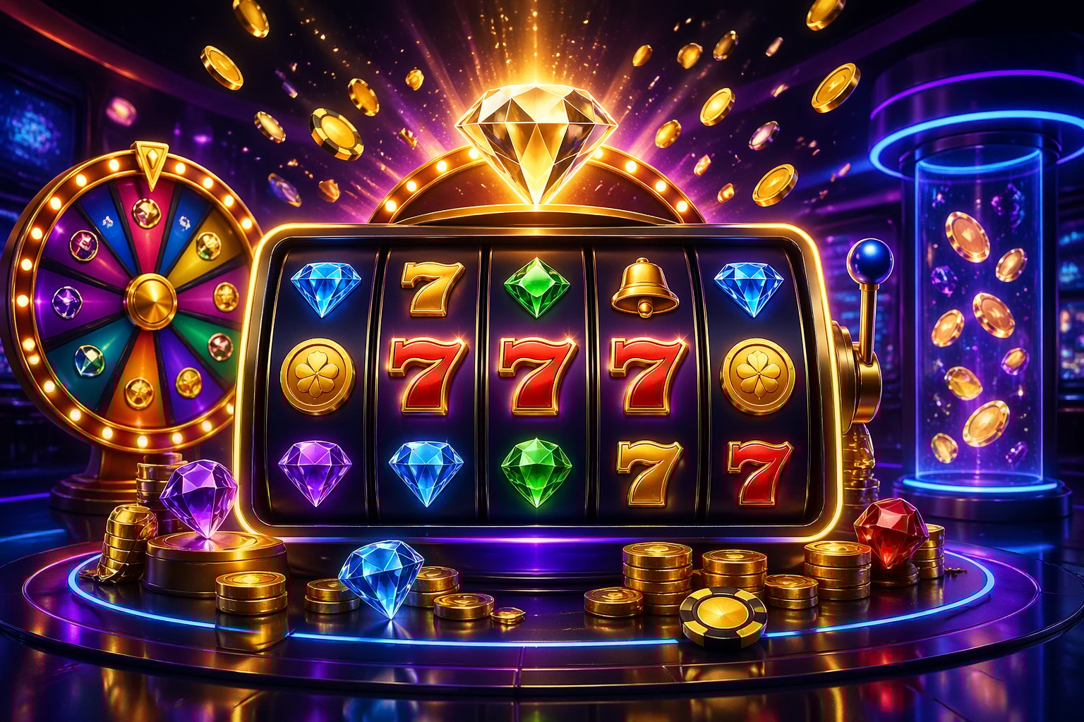 Tampilan mesin slot digital berwarna-warni dengan simbol keberuntungan dan koin emas di latar kasino modern yang futuristik.