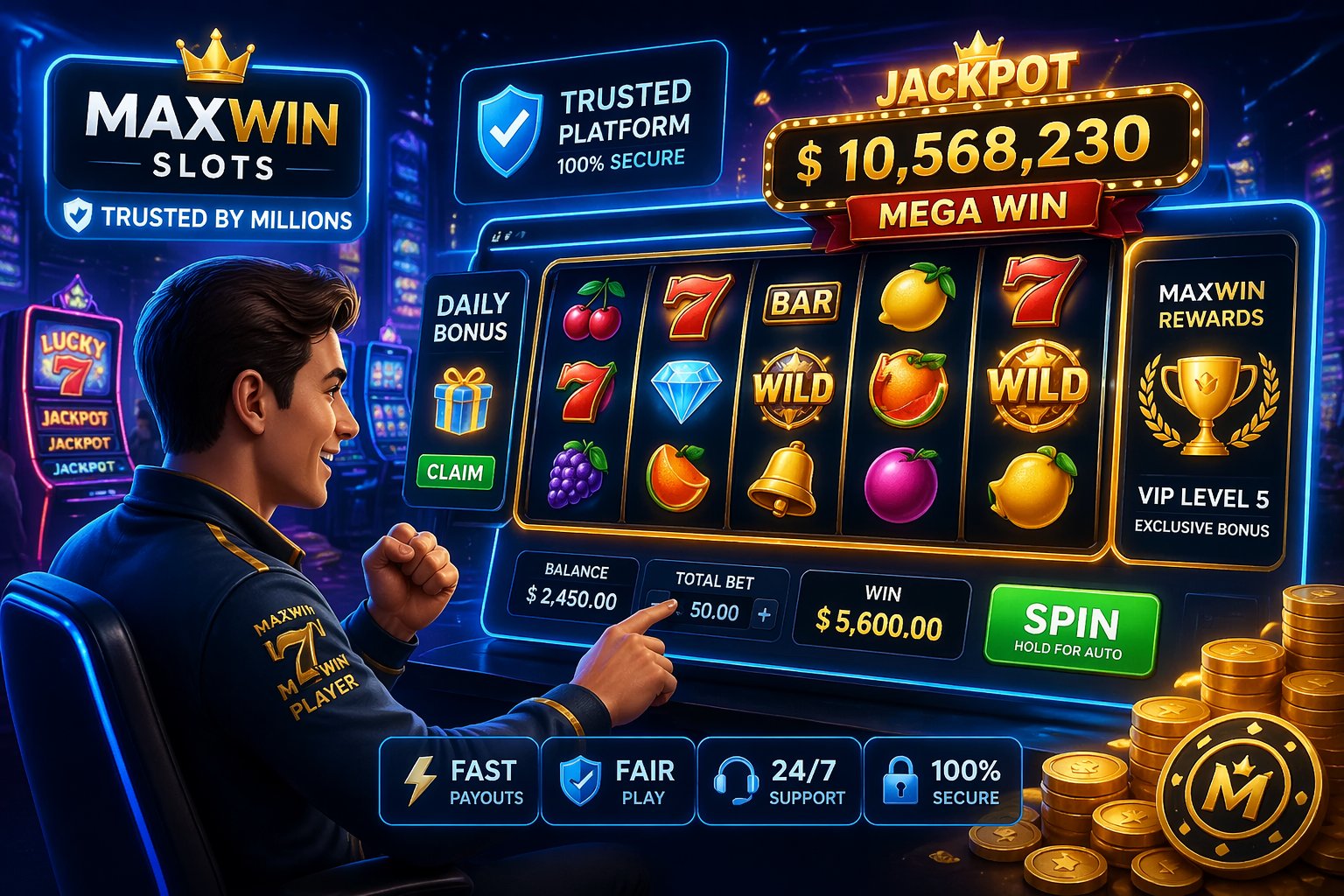 Adegan 3D mesin slot online yang berwarna-warni di kasino digital dengan pemain sedang berinteraksi dan suasana yang cerah dan menarik.