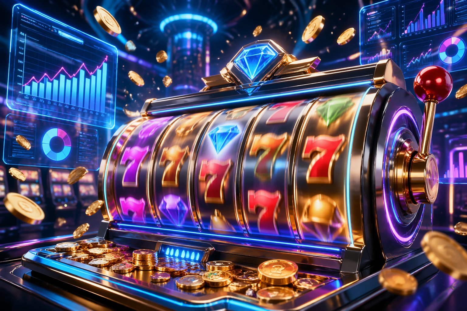 Sebuah mesin slot digital dengan gulungan berwarna cerah yang berputar cepat di dalam lingkungan kasino modern dengan lampu neon dan elemen holografik yang menunjukkan data kemenangan tinggi.