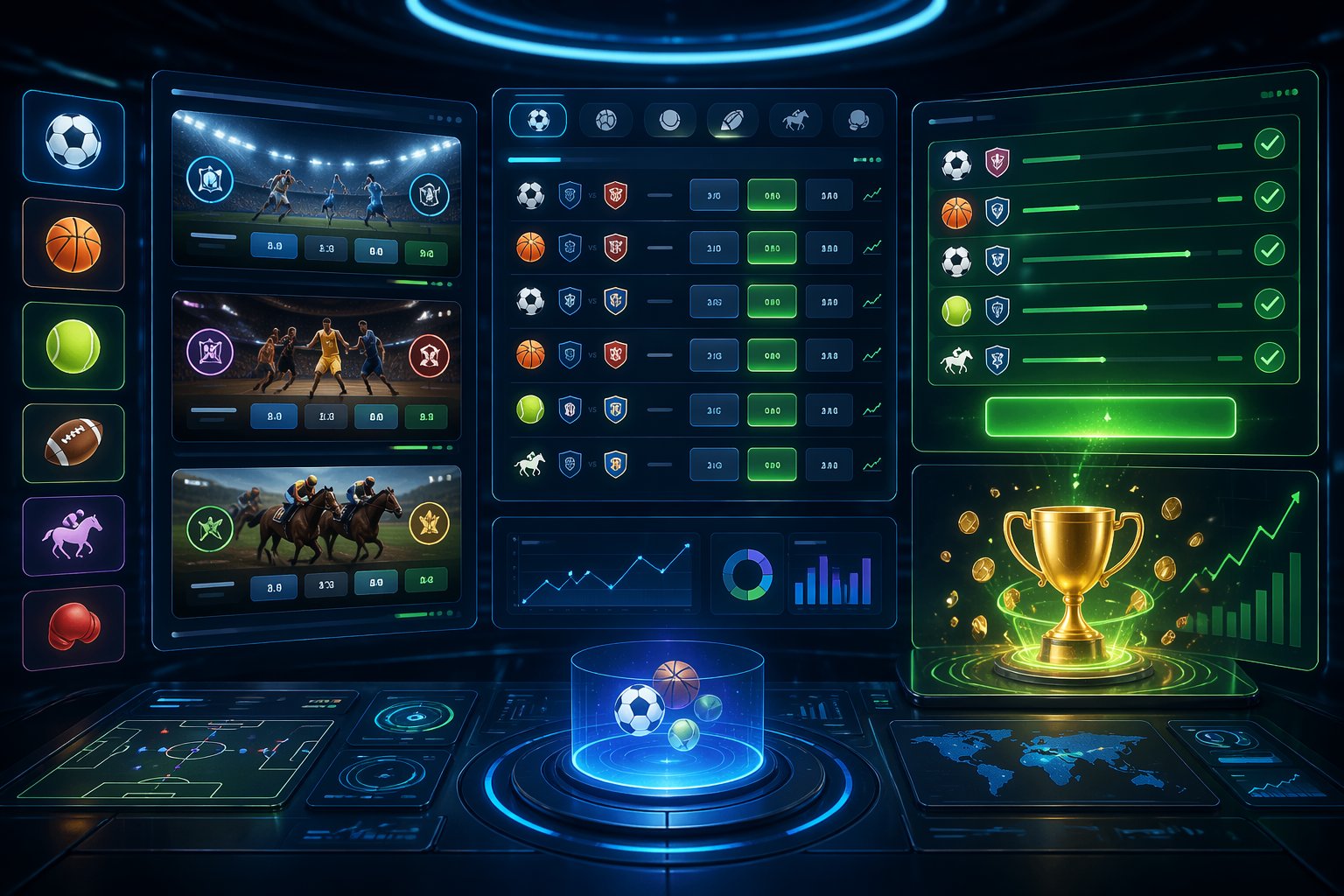 Tampilan antarmuka taruhan olahraga digital dengan beberapa layar holografik yang menampilkan berbagai pertandingan dan taruhan parlay.