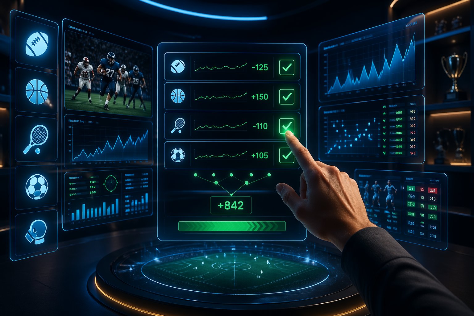 Tampilan antarmuka taruhan olahraga online dengan layar holografik yang menampilkan berbagai ikon olahraga dan grafik peluang taruhan.