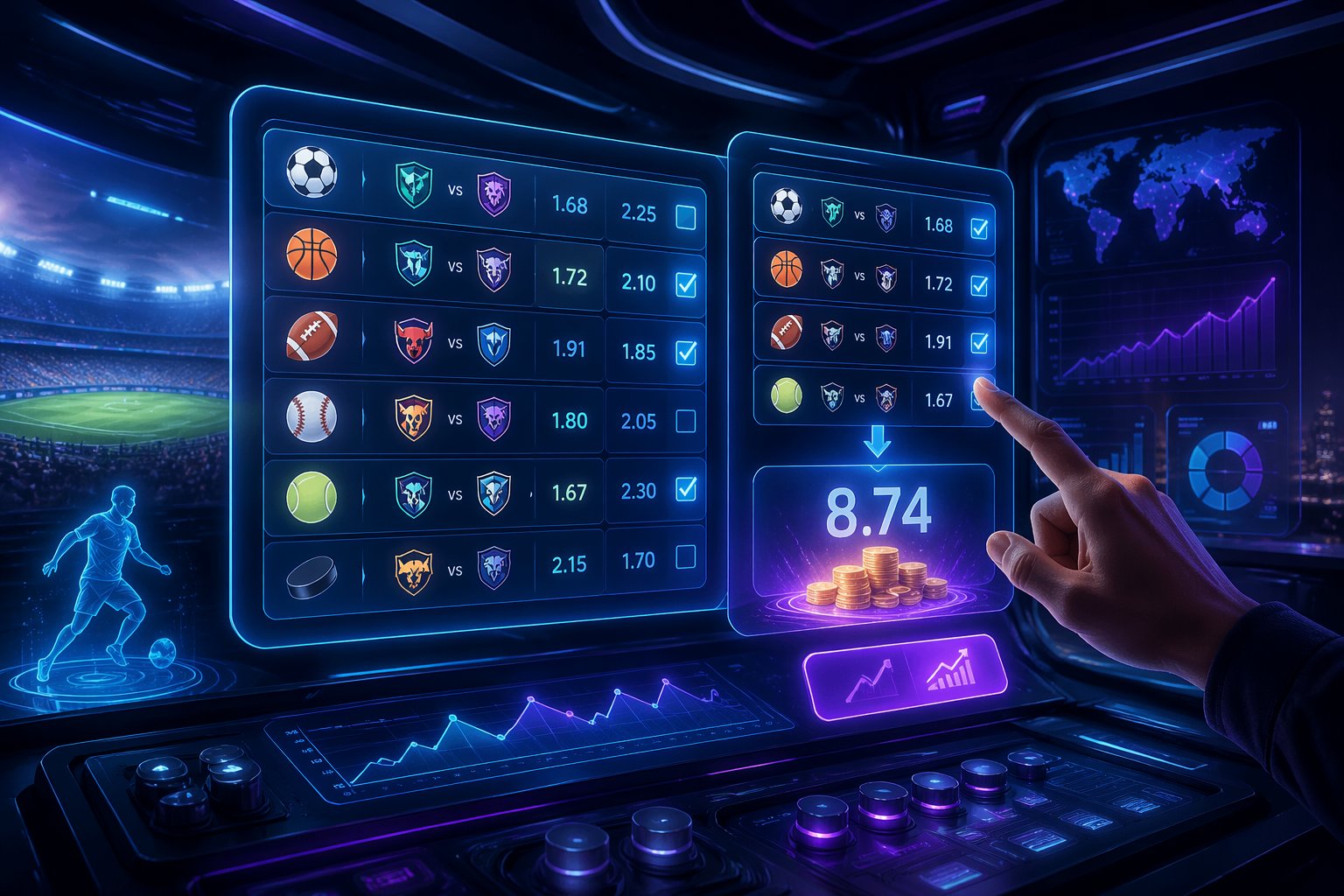 Tampilan antarmuka taruhan olahraga digital dengan beberapa layar mengambang yang menampilkan pilihan taruhan parlay dan grafik statistik dalam ruangan berteknologi tinggi.