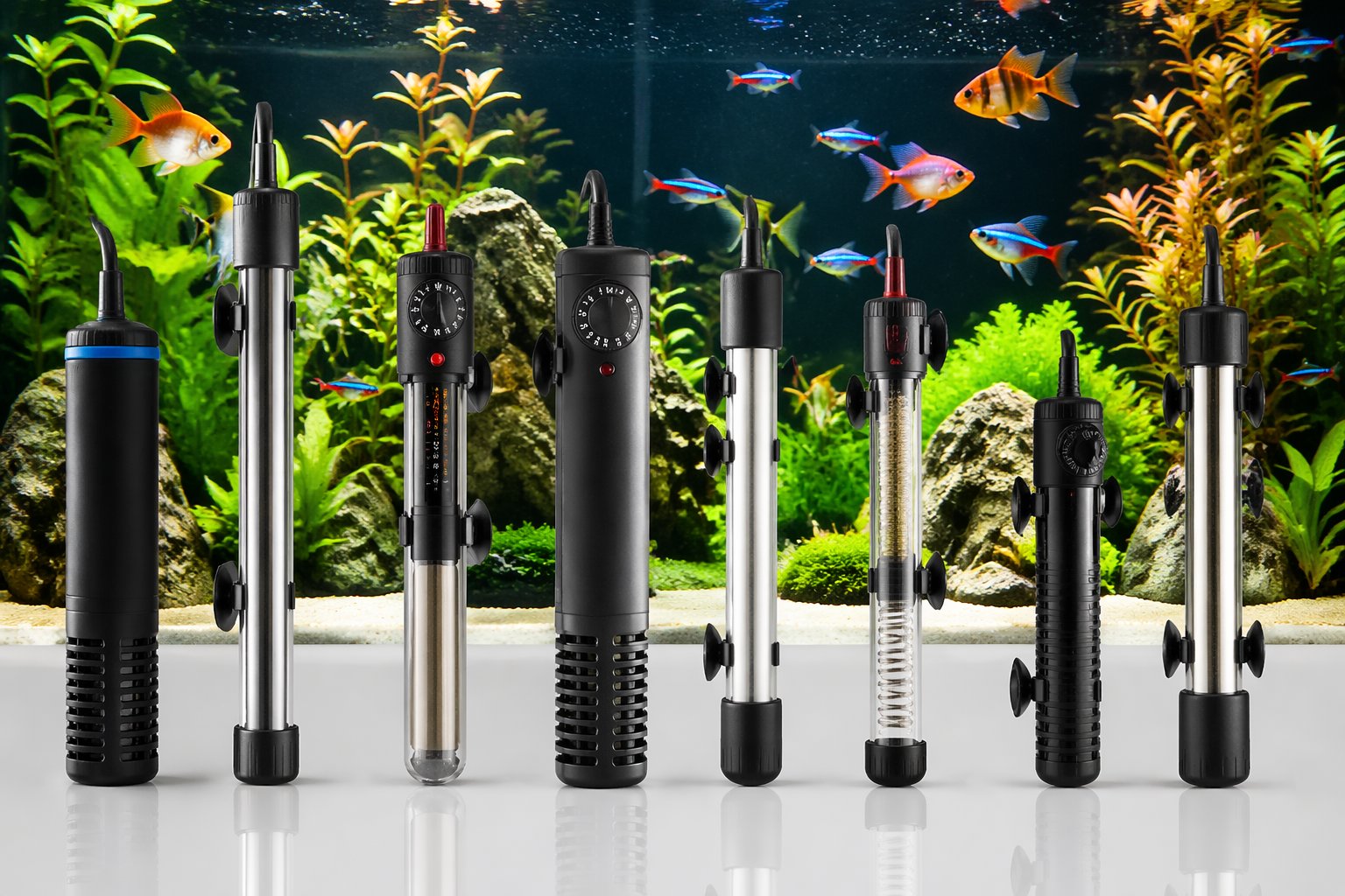Various aquarium heaters displayed with aquatic plants and tropical fish swimming in a clear aquarium behind them.