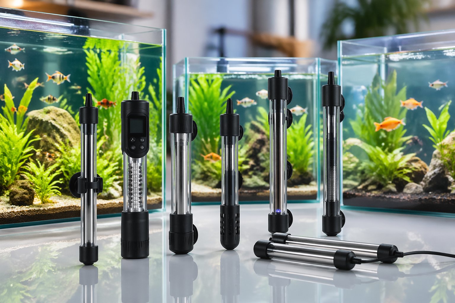Several aquarium heaters displayed next to aquariums with tropical fish and aquatic plants.