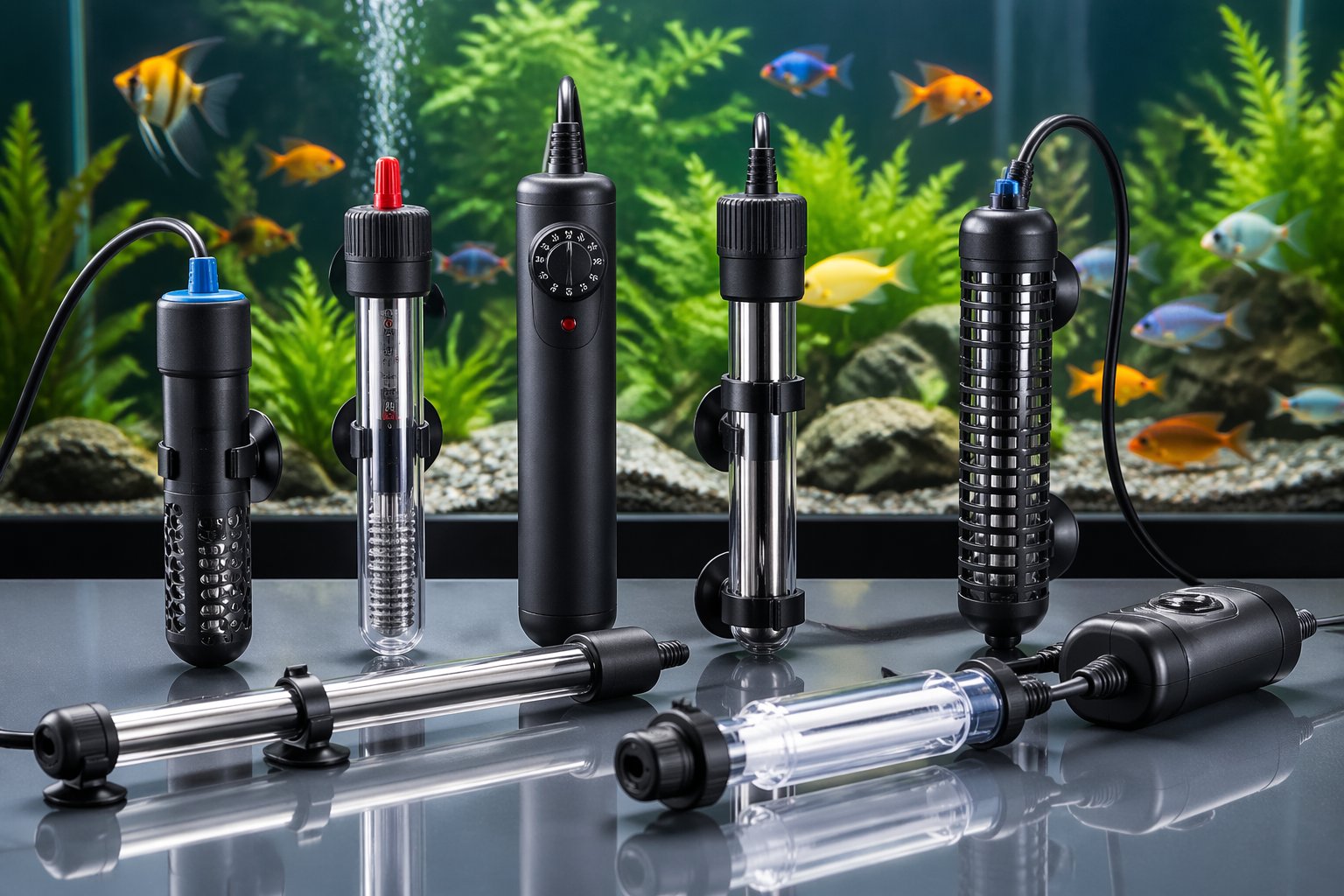 Various aquarium heaters displayed on a surface with a blurred aquarium background showing fish and aquatic plants.
