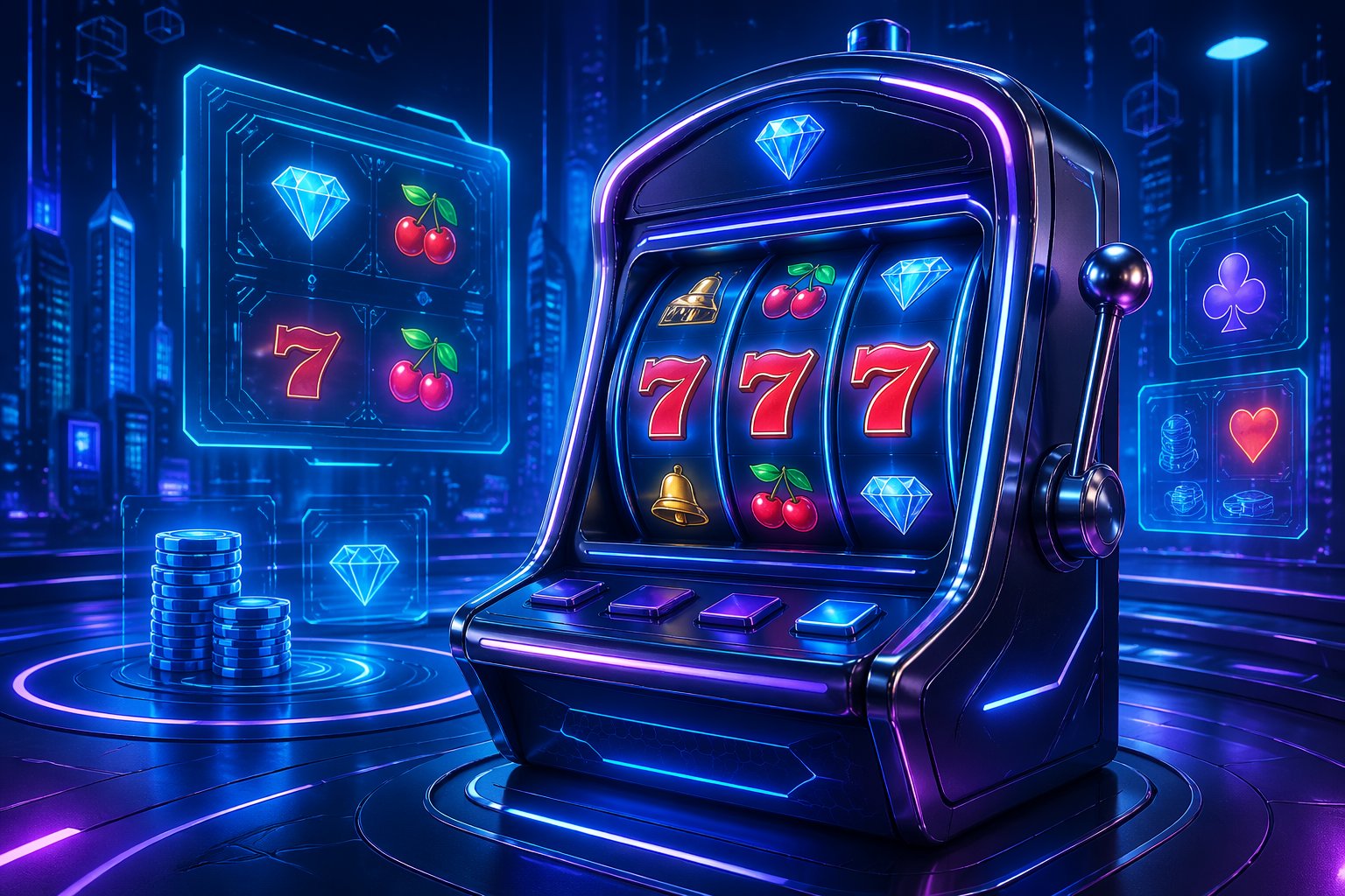 Sebuah mesin slot futuristik dengan lampu neon dan latar belakang kota digital yang modern.