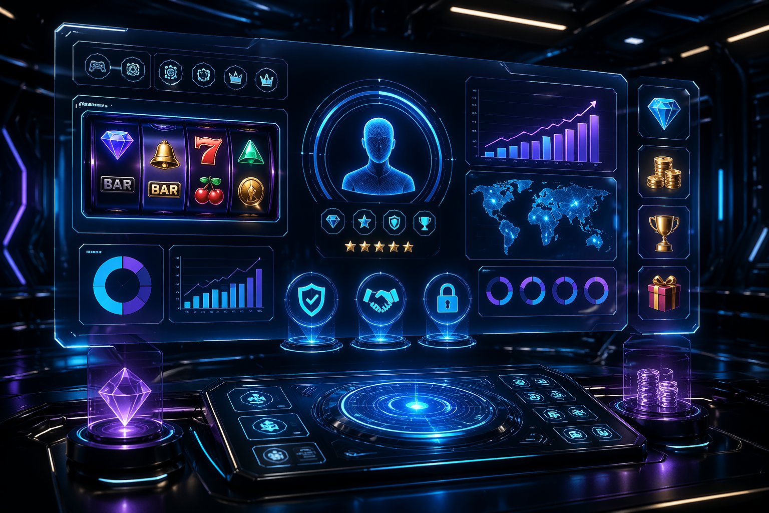 Tampilan antarmuka digital futuristik yang menunjukkan fitur dan keunggulan platform slot online WADUK89 dengan ikon dan grafik bercahaya di lingkungan berteknologi tinggi.