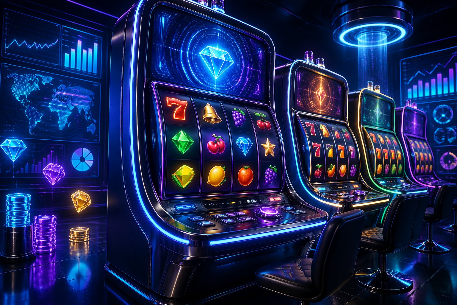 Tampilan 3D mesin slot online berwarna-warni di kasino digital dengan lampu neon dan layar holografik di latar belakang.