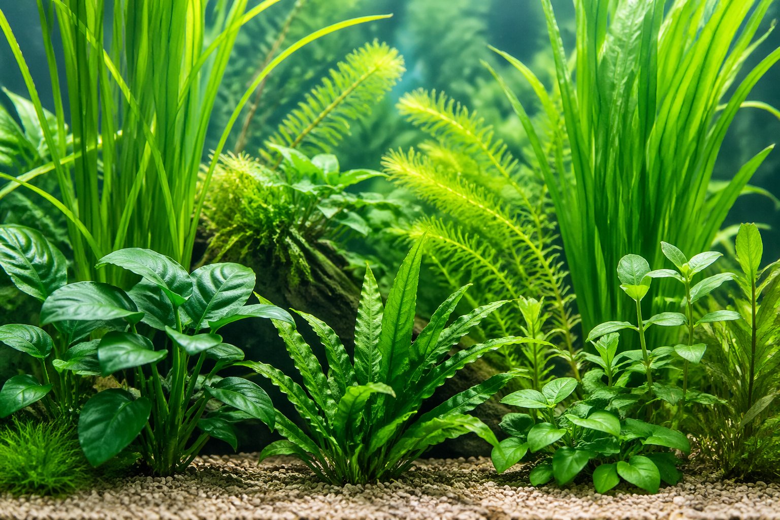 A close-up view of various green aquarium plants growing underwater in a clear aquarium.