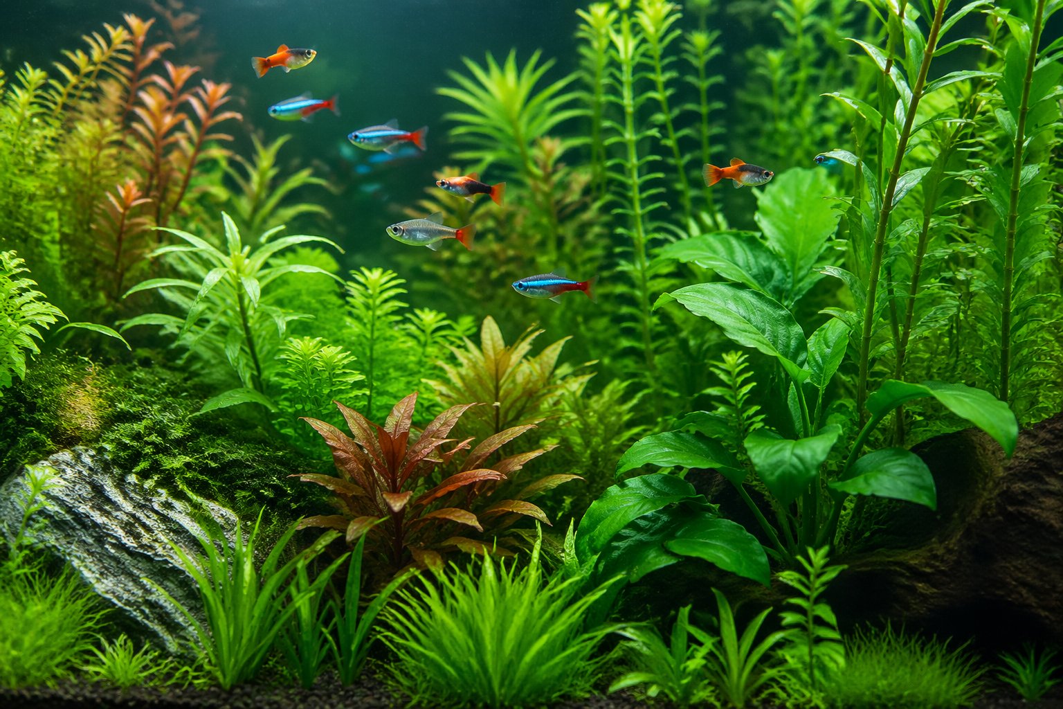 A clear freshwater aquarium filled with various green live plants and small colorful fish swimming among them.
