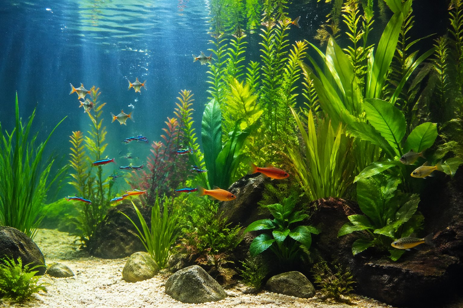 An underwater aquarium scene with various green aquatic plants and small colorful fish swimming among them.