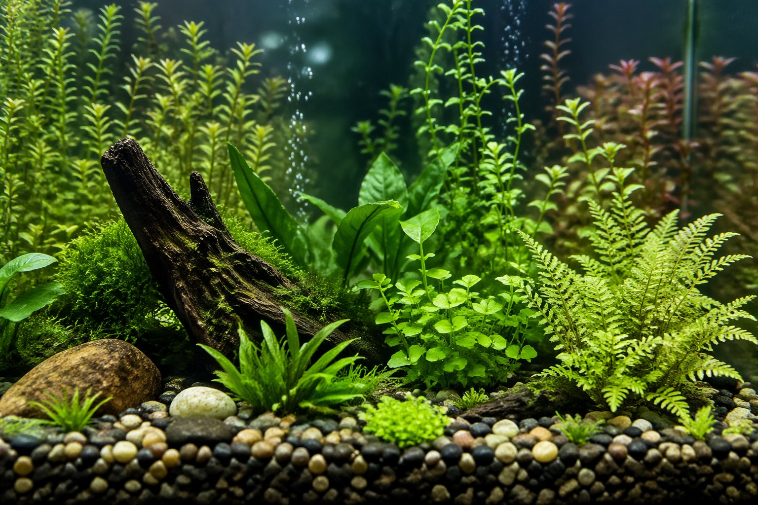 Close-up view of healthy green aquarium plants growing inside a clear glass aquarium with pebbles and driftwood.