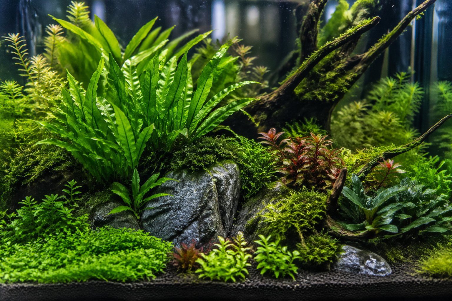 A clear aquarium filled with various healthy green aquatic plants, rocks, and driftwood arranged underwater.