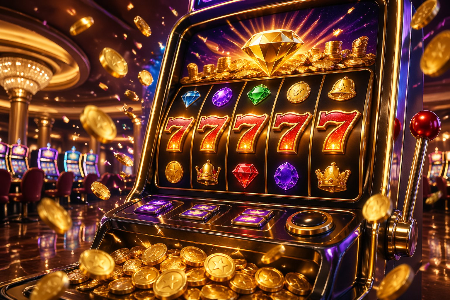 Mesin slot modern di kasino dengan simbol warna-warni dan efek koin emas yang melayang, menunjukkan suasana kemenangan besar.