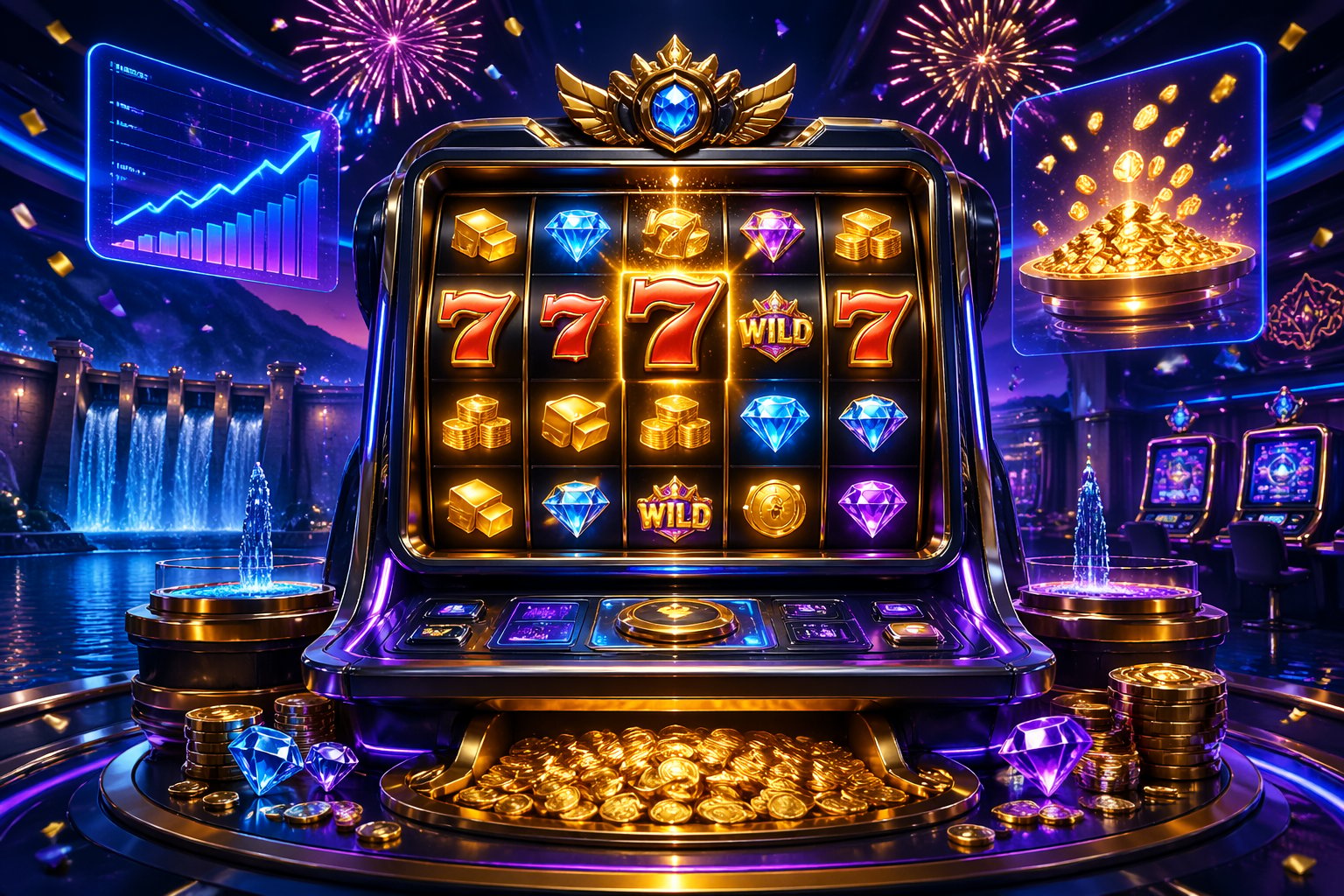 Sebuah mesin slot online dengan animasi kemenangan besar di dalam kasino digital futuristik dengan latar belakang bertema waduk.