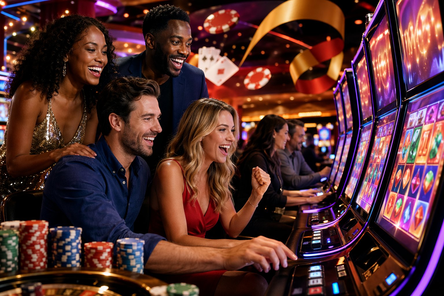 A Group Of Adults Enjoying A Lively Casino Floor With Slot Machines And Colorful Lights, Showing Excitement And Anticipation.