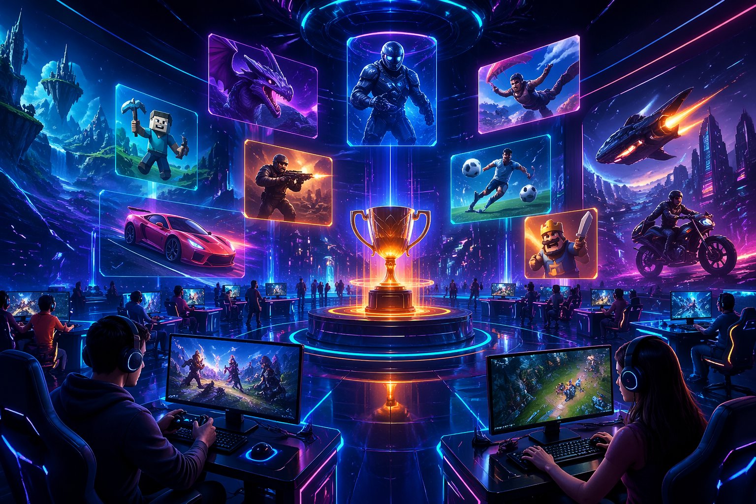 Pemandangan sebuah arena permainan online futuristik dengan karakter dan ikon permainan yang hidup dan berwarna-warni.