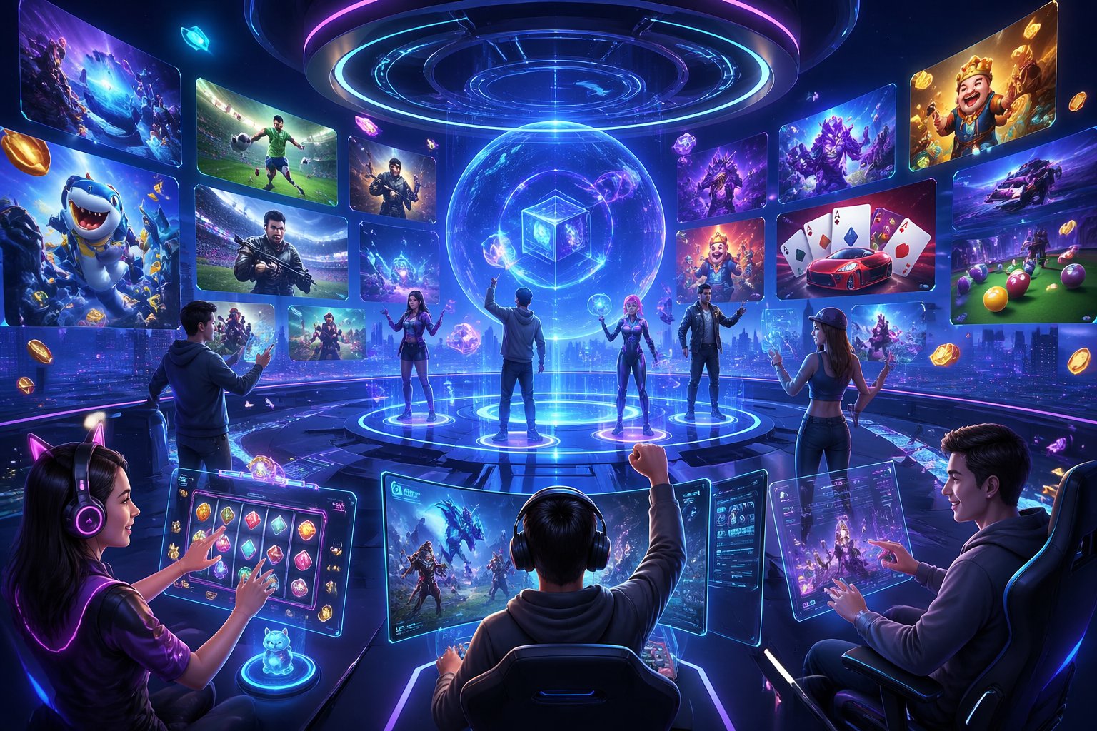 Tampilan 3D dari platform game online dengan ikon permainan berwarna-warni dan avatar pemain yang berinteraksi dalam lingkungan digital futuristik.