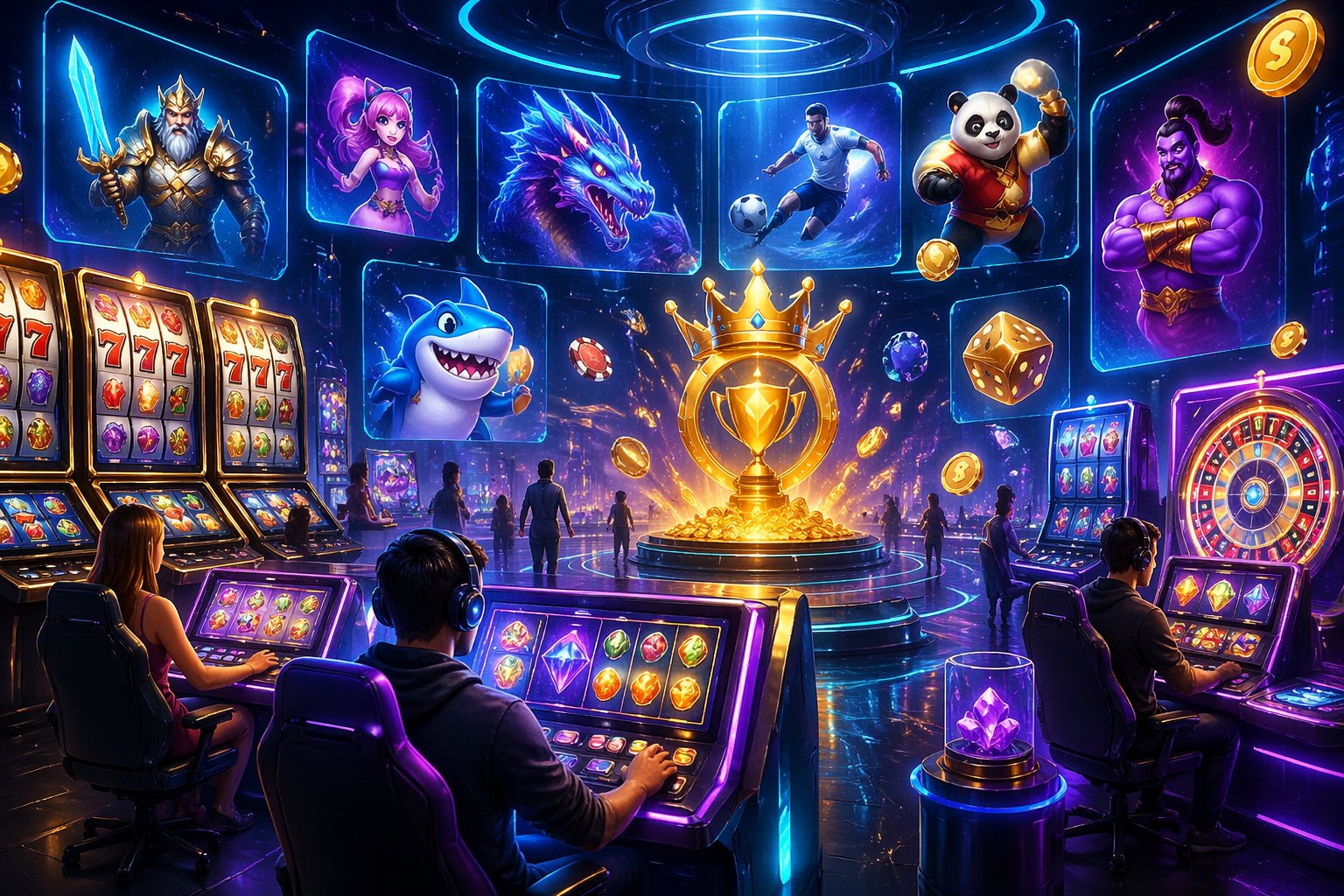 Suasana kasino digital futuristik dengan mesin slot berwarna-warni, ikon game mengambang, dan karakter yang sedang bermain dalam lingkungan yang terang dan penuh energi.