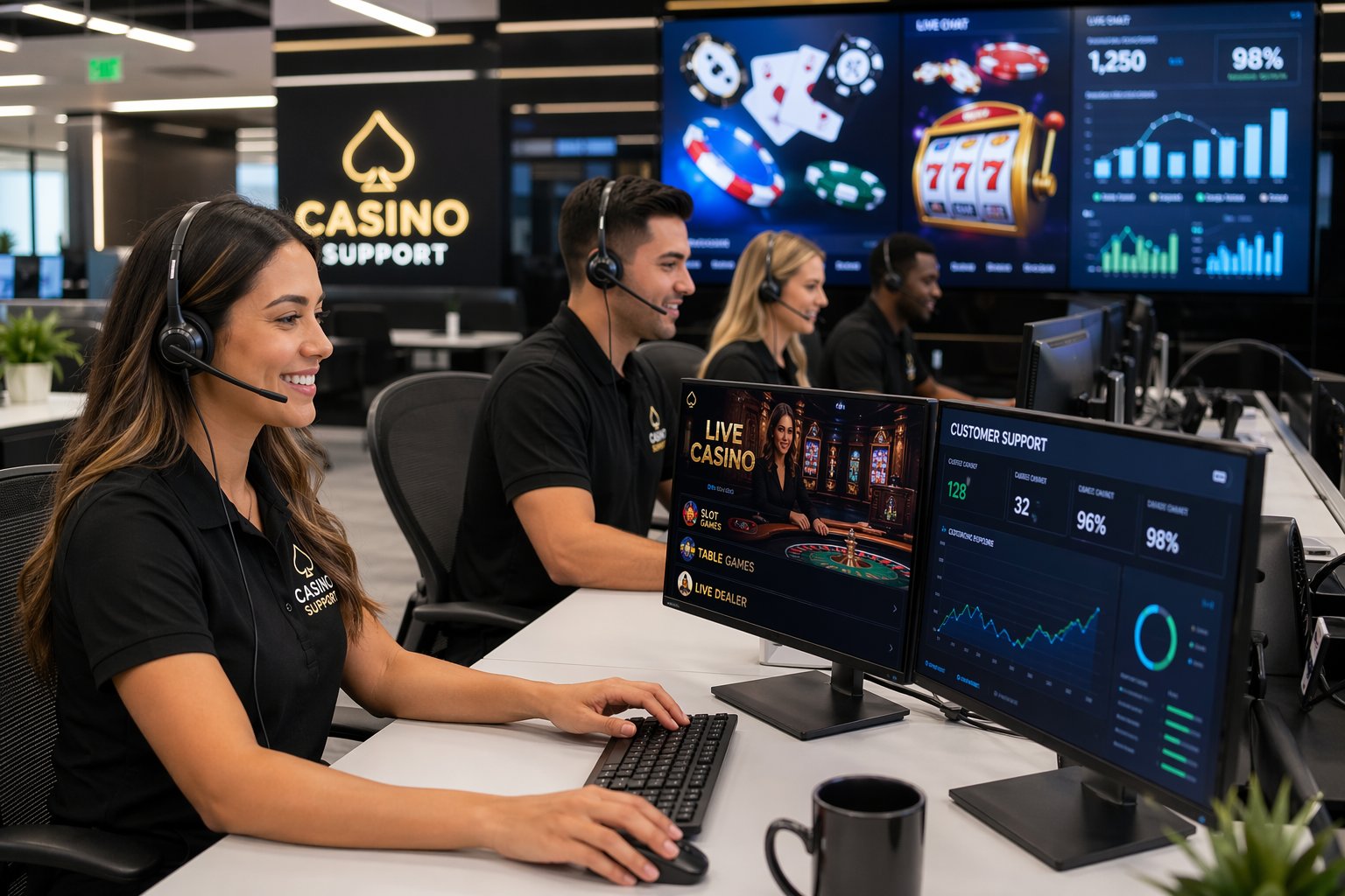 Customer Support Representatives Wearing Headsets Working At Computers In A Modern Office With CasinoThemed Visuals On Screens.
