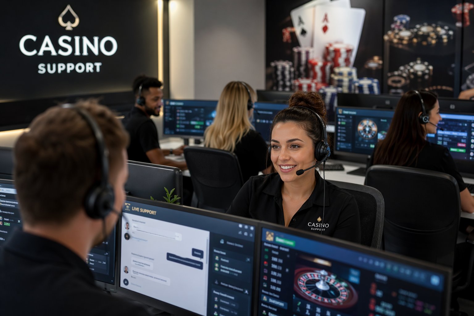 Customer Support Agents Wearing Headsets Working At Computers In A Modern Office Environment.