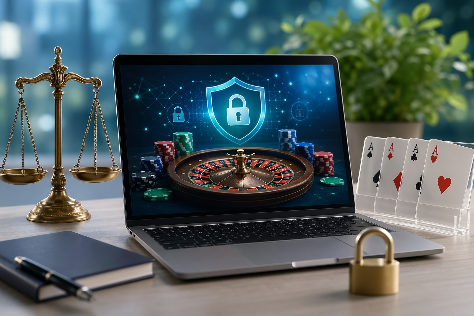 A Laptop On A Clean Desk Showing An Online Casino Game Interface With Security And Fairness Symbols Like A Shield, Padlock, Balanced Scales, And Playing Cards Around It.