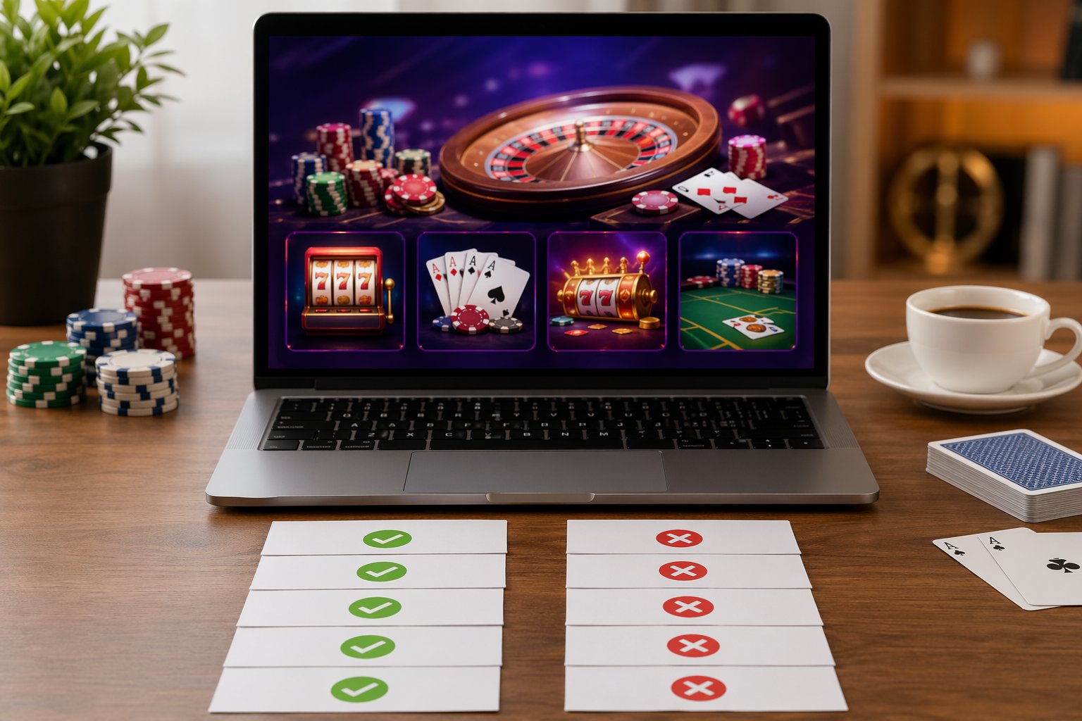 A Laptop On A Desk Showing An Online Casino Interface With Cards Arranged To Represent Pros And Cons, Surrounded By Poker Chips And Playing Cards.