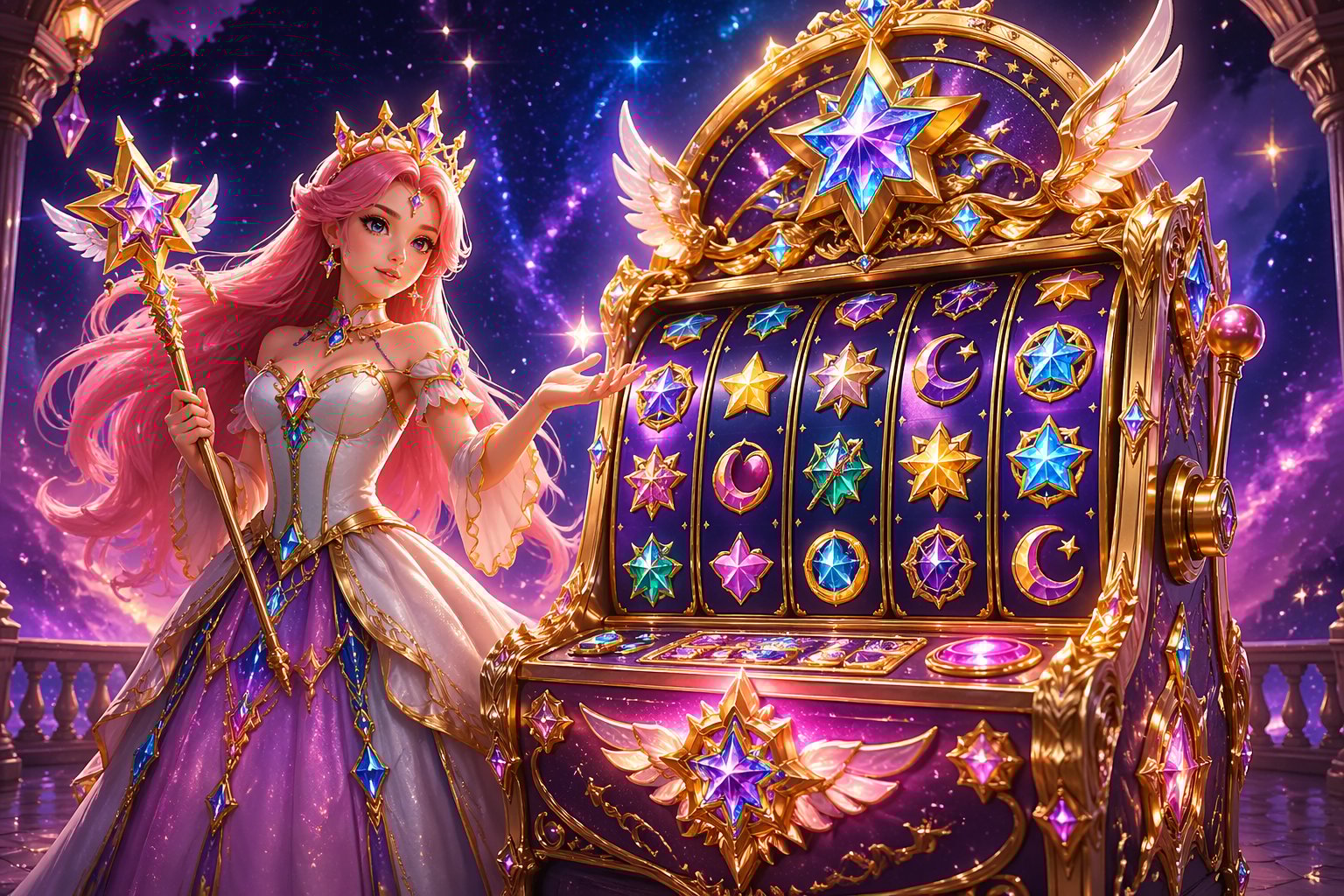 Gambaran mesin slot dengan seorang putri bercahaya dikelilingi bintang dan efek cahaya magis di latar langit malam yang penuh bintang.