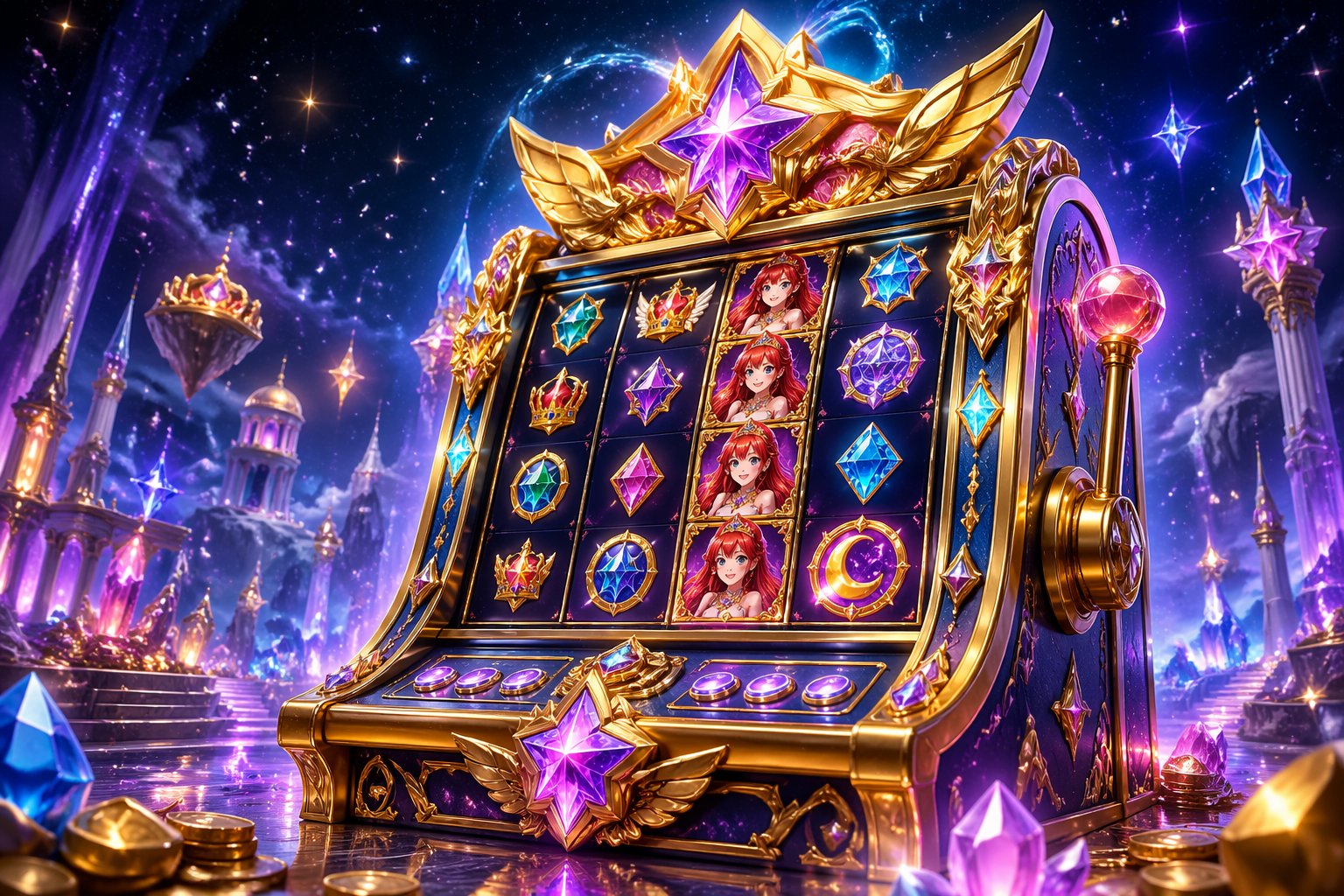 Mesin slot bertema fantasi dengan latar langit berbintang dan simbol magis yang bersinar.