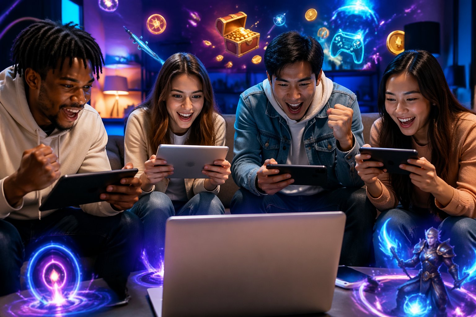 Sekelompok orang muda sedang bermain game online bersama menggunakan perangkat digital di ruangan modern yang terang.