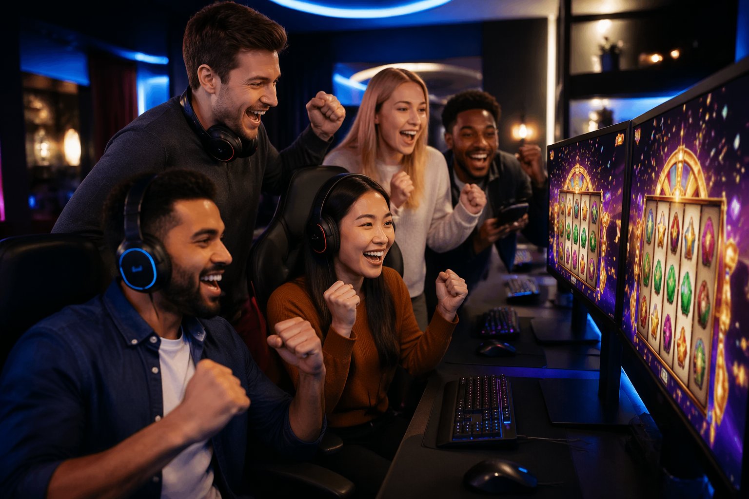 Sekelompok orang muda bermain permainan kasino online bersama di sebuah ruang permainan modern dengan layar komputer yang menampilkan grafik permainan dan suasana penuh semangat.
