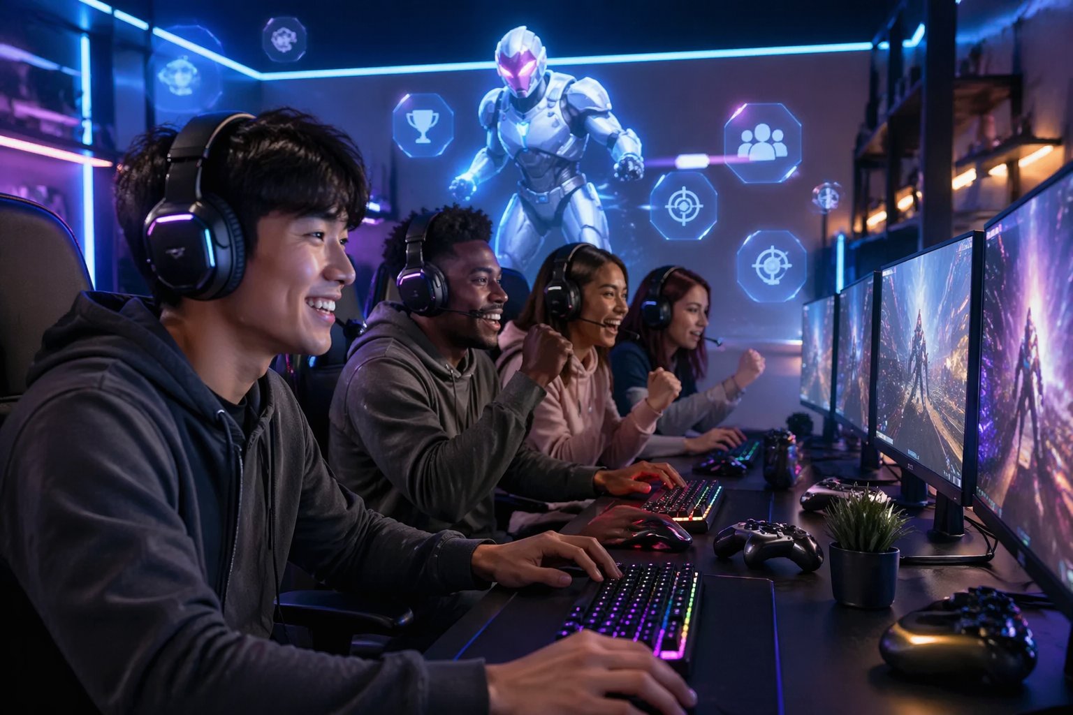 Sekelompok orang muda sedang bermain game online di ruang gaming modern dengan beberapa monitor dan peralatan gaming.