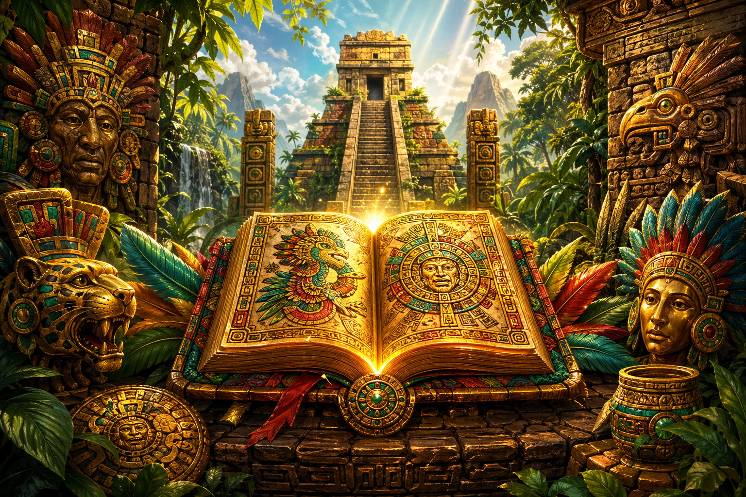 An Ancient Aztec Temple Surrounded By Jungle With A Glowing Decorated Aztec Book Open In The Foreground.