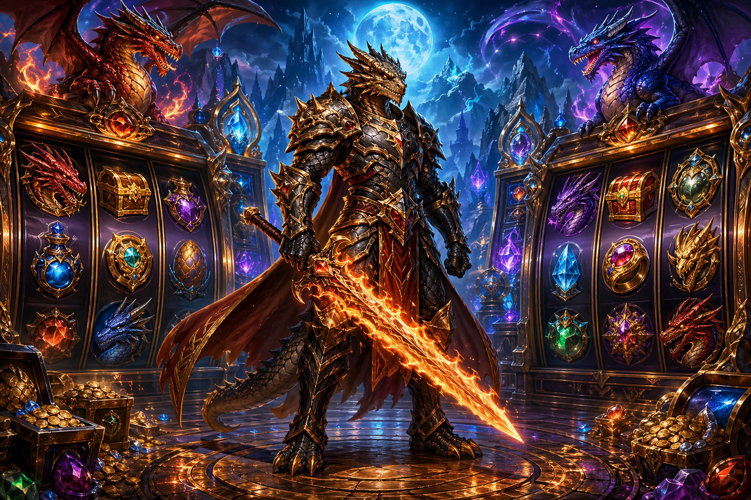 A Fierce Dragonborn Warrior In Armor Holding A Glowing Sword Stands In Front Of FantasyThemed Slot Machine Reels With Dragons And Treasure Symbols, Set Against A Magical Mountainous Landscape.