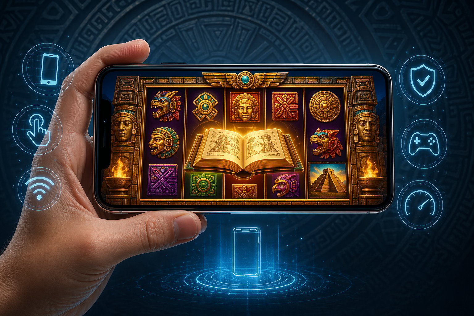 A Hand Holding A Smartphone Showing An AztecThemed Slot Game With Glowing Symbols And Artifacts.
