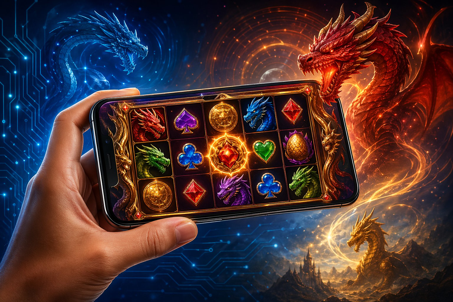 A Hand Holding A Smartphone Displaying A FantasyThemed Slot Game With Dragons And Magical Symbols, Surrounded By Ethereal Dragon Shapes And Glowing Effects.