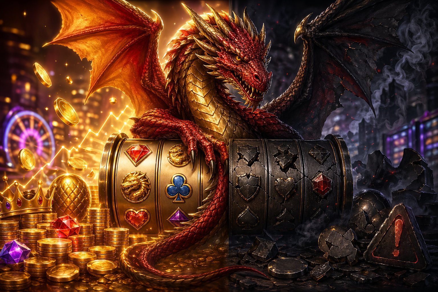 A Dragon Surrounded By Slot Machine Elements With One Side Showing Positive Symbols And The Other Side Showing Negative Symbols, Representing Pros And Cons.