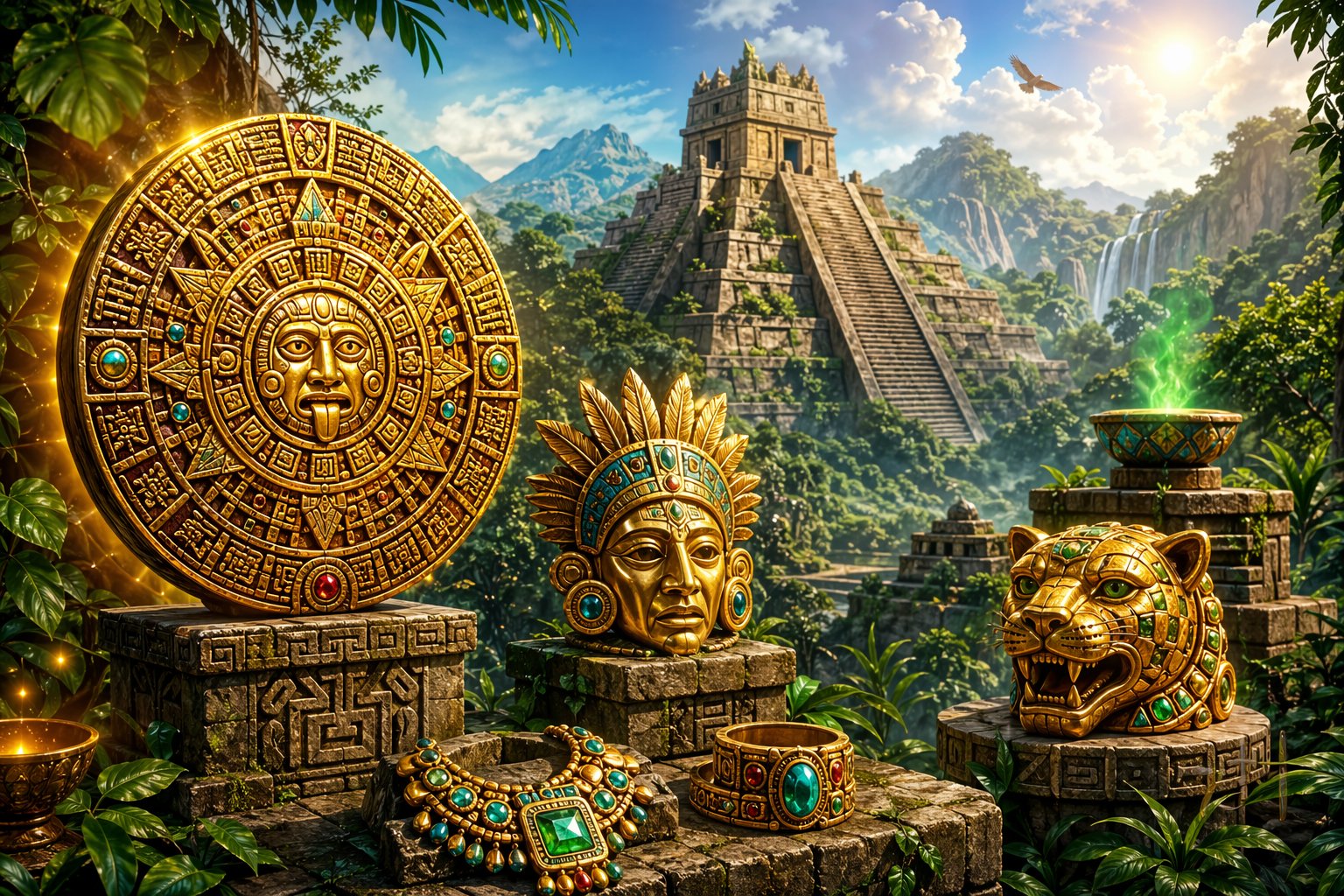An Ancient Aztec Temple Surrounded By Jungle Plants With Golden Artifacts Displayed On Stone Pedestals In Front.