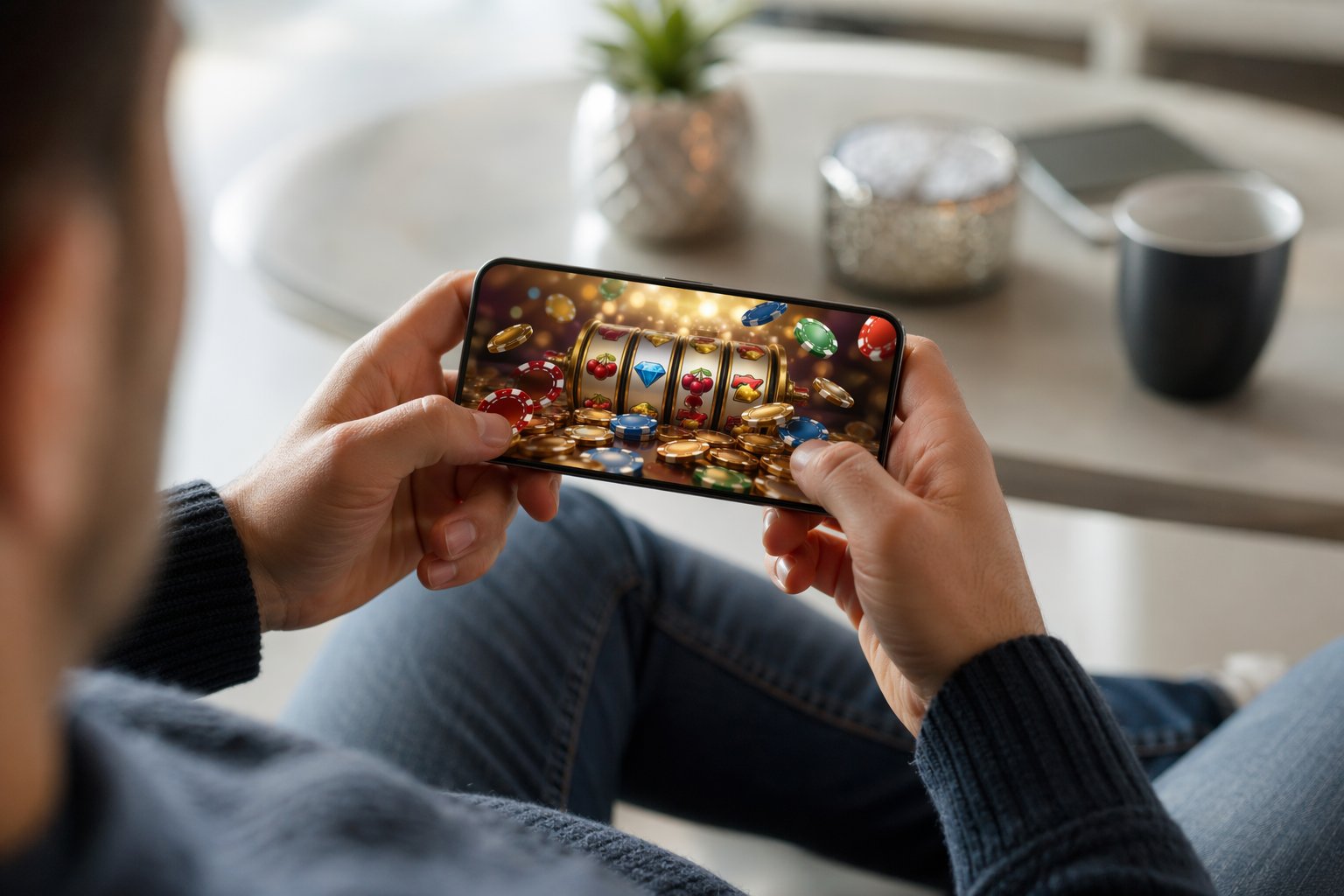 Person Holding A Smartphone Playing A Casino Game In A Comfortable Indoor Setting.