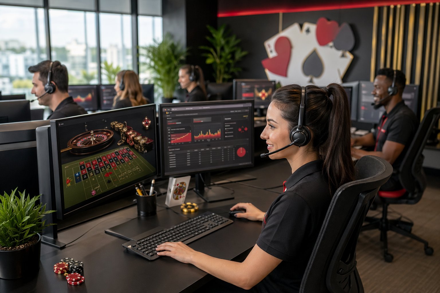 Customer Support Agents Wearing Headsets Working At Computers In A Modern Office With CasinoThemed Decorations.