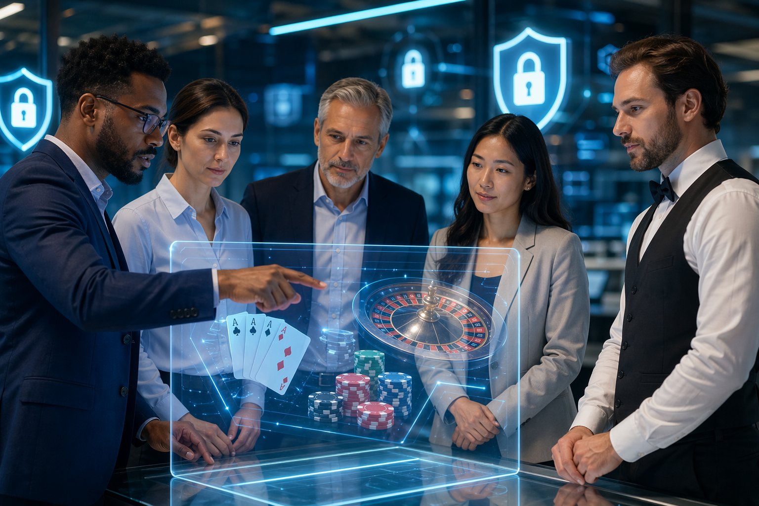 A Group Of Professionals Discussing Security And Fairness In An Online Casino Setting With Digital Casino Elements And Security Icons In The Background.