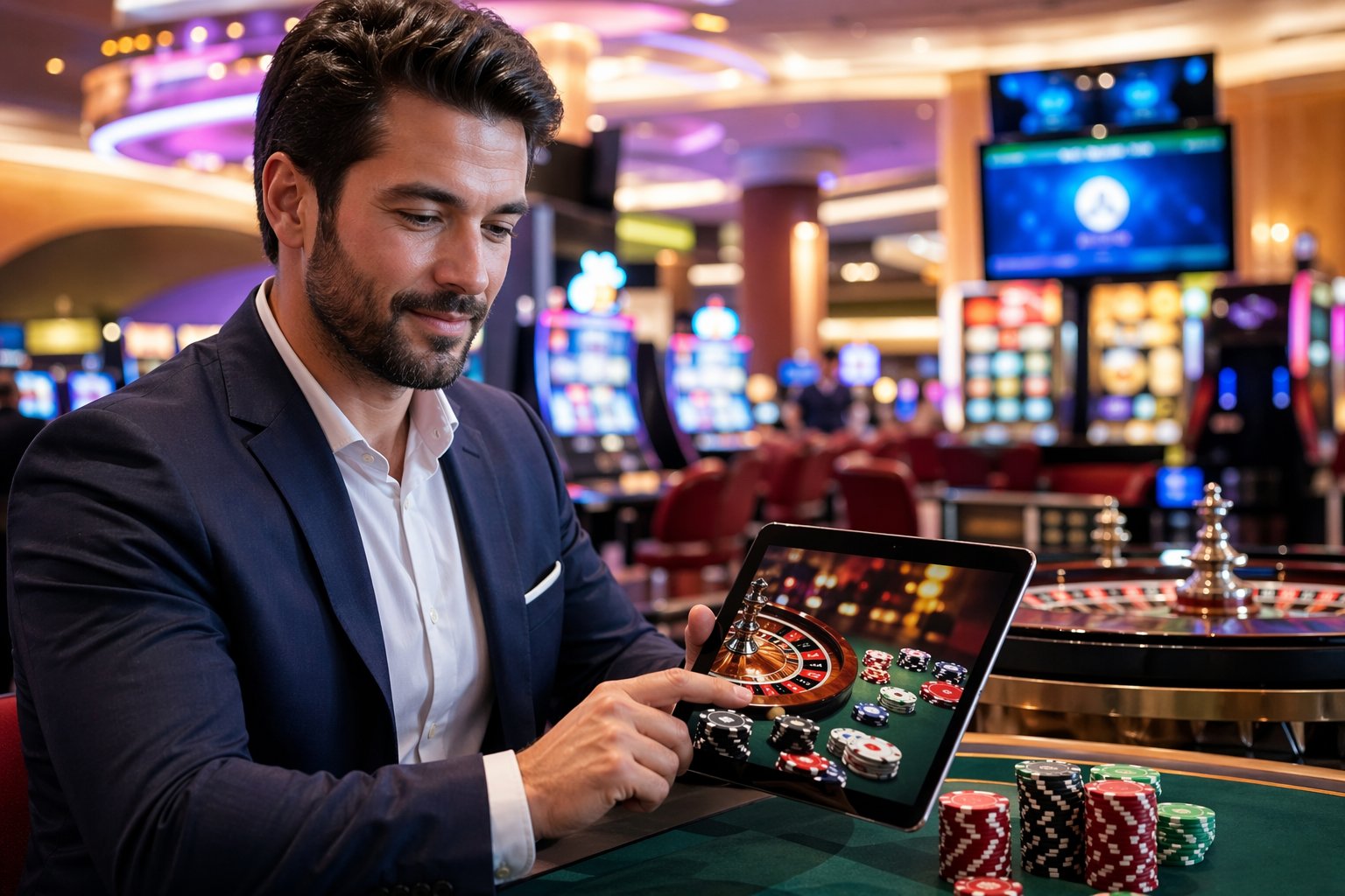A Person Using A Digital Tablet In A Bright Casino With Slot Machines And Gaming Tables In The Background.