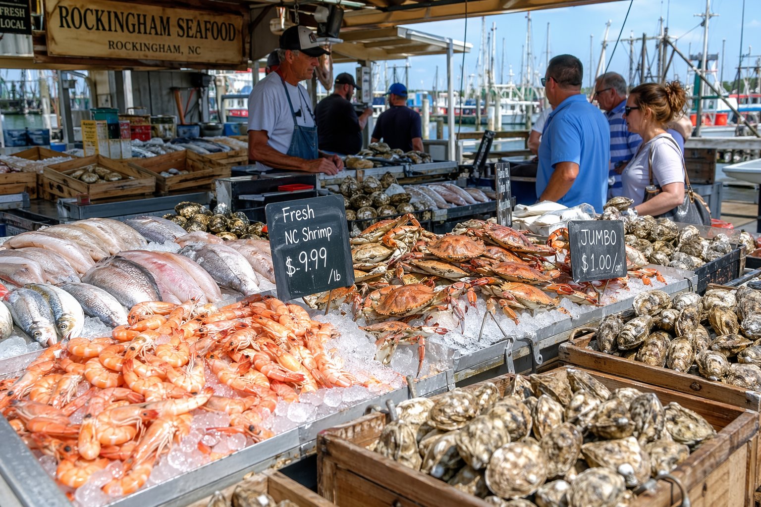 Fresh seafood displayed on ice at a busy outdoor market with vendors and customers in Rockingham, North Carolina.