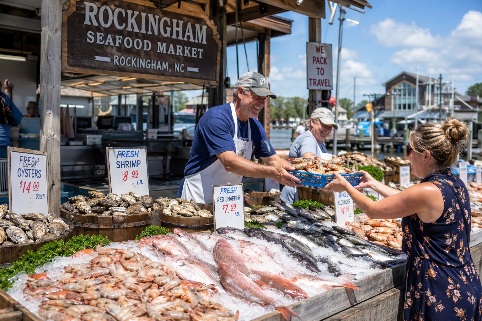 Seafood market with fresh fish and shellfish displayed on ice, vendors interacting with customers outdoors in a coastal town.