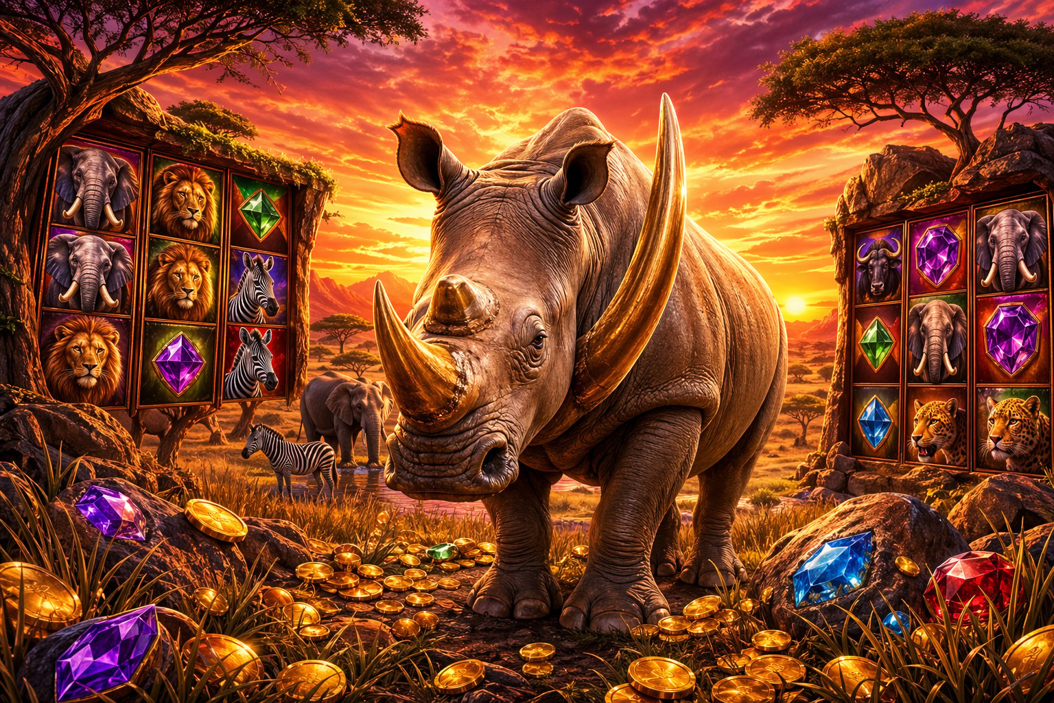 A Powerful Rhinoceros Stands In A Colorful African Savanna At Sunset, Surrounded By Gold Coins, Gemstones, And Animal Symbols Representing A Slot Game.