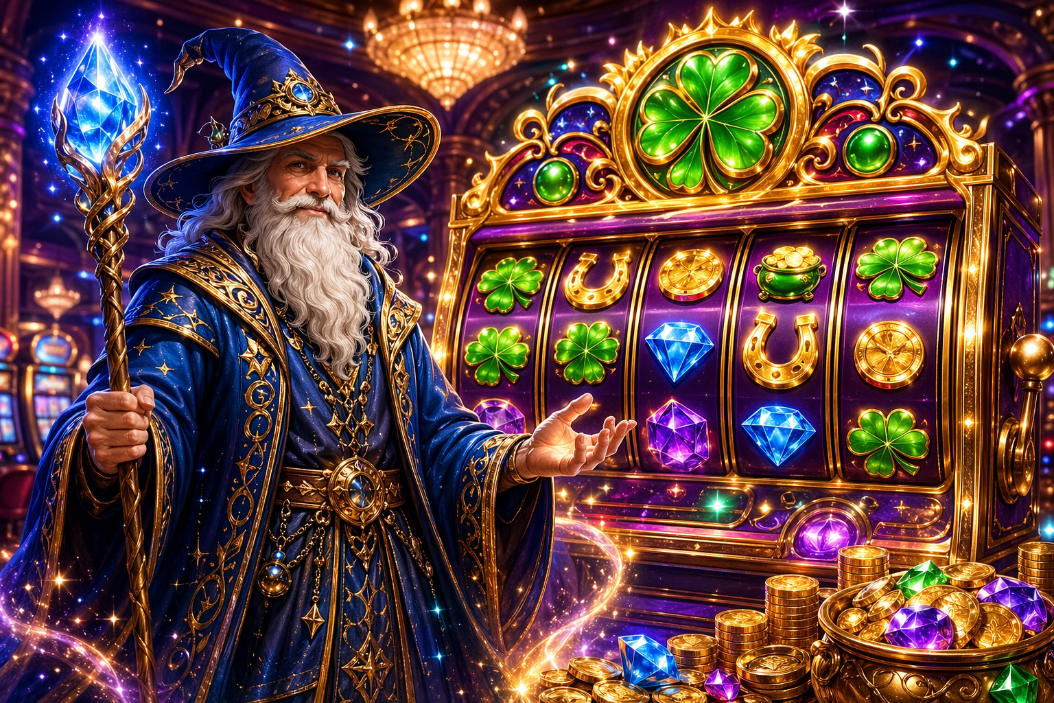A Wizard In Blue And Gold Robes Holding A Glowing Staff Stands In Front Of A Colorful Slot Machine With Symbols Like FourLeaf Clovers And Coins In A Lively Casino Setting.