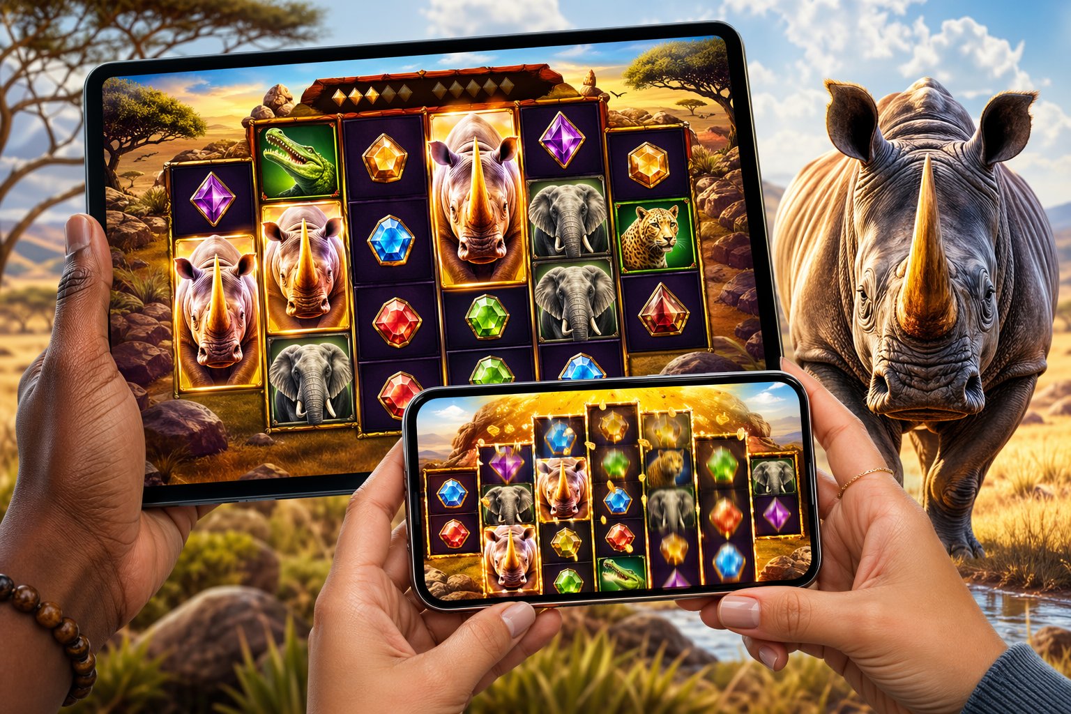 A Smartphone And Tablet Displaying A Great Rhino Megaways Slot Game With A Rhino And African Savanna Background, Held By Diverse Hands To Show Mobile Play.