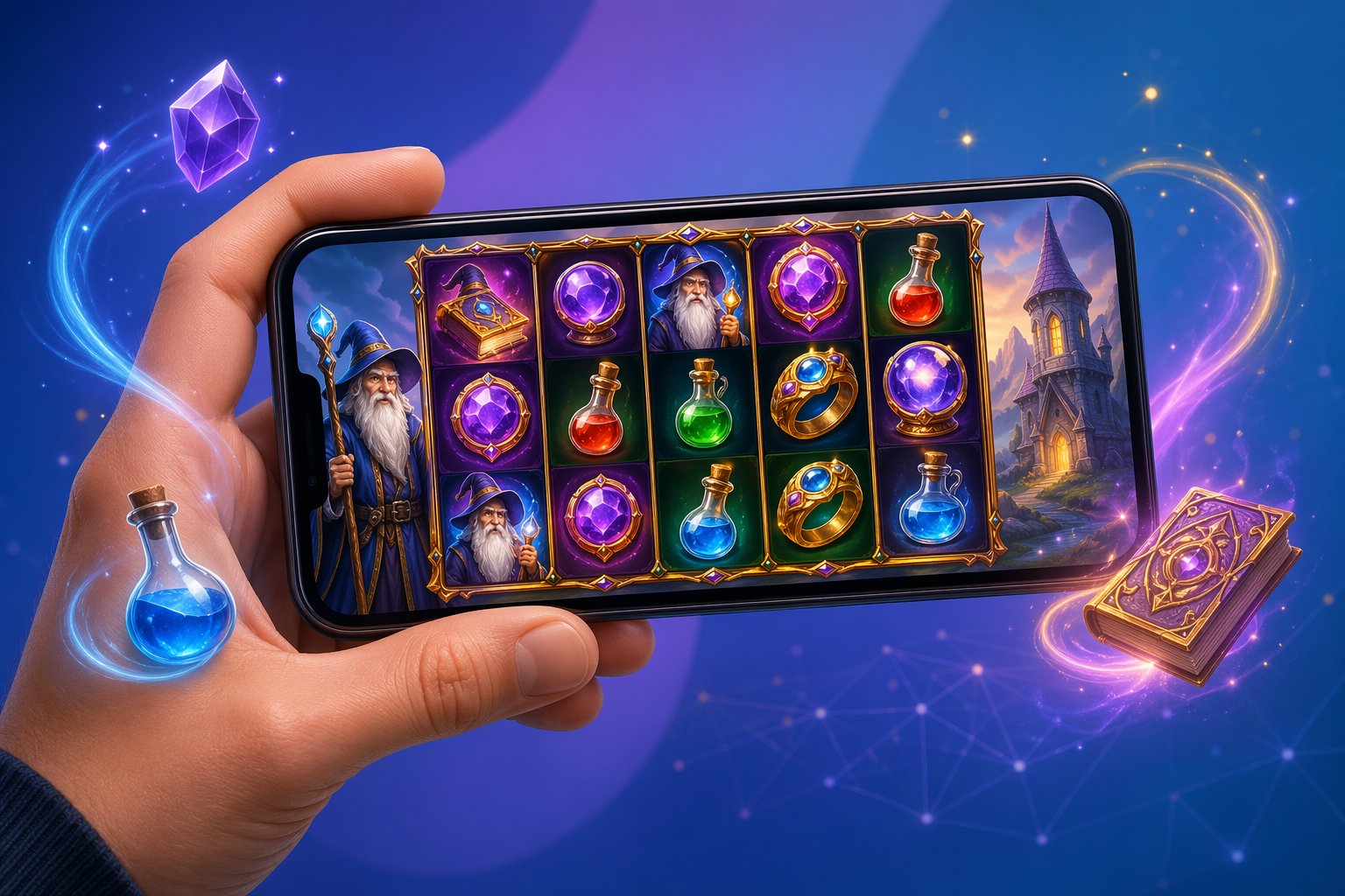 A Hand Holding A Smartphone Showing A Colorful Slot Game With Magical Symbols And Glowing Effects.