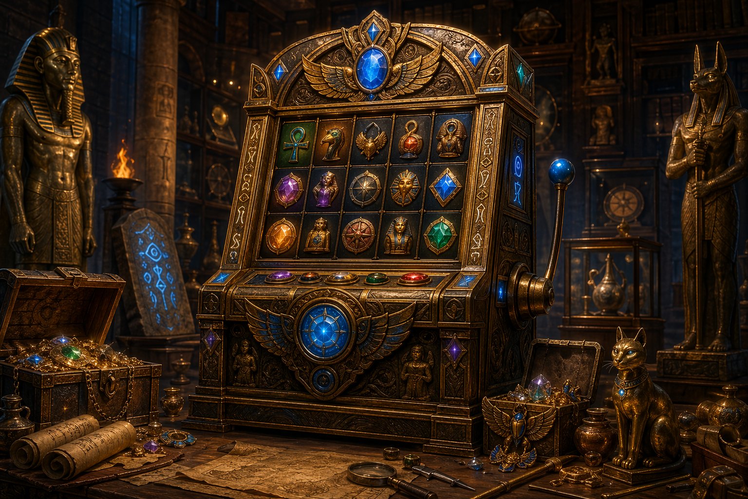 A Slot Machine Decorated With Ancient Artifacts And Glowing Gemstones Inside A Dimly Lit Museum Filled With Relics And Treasure Chests.