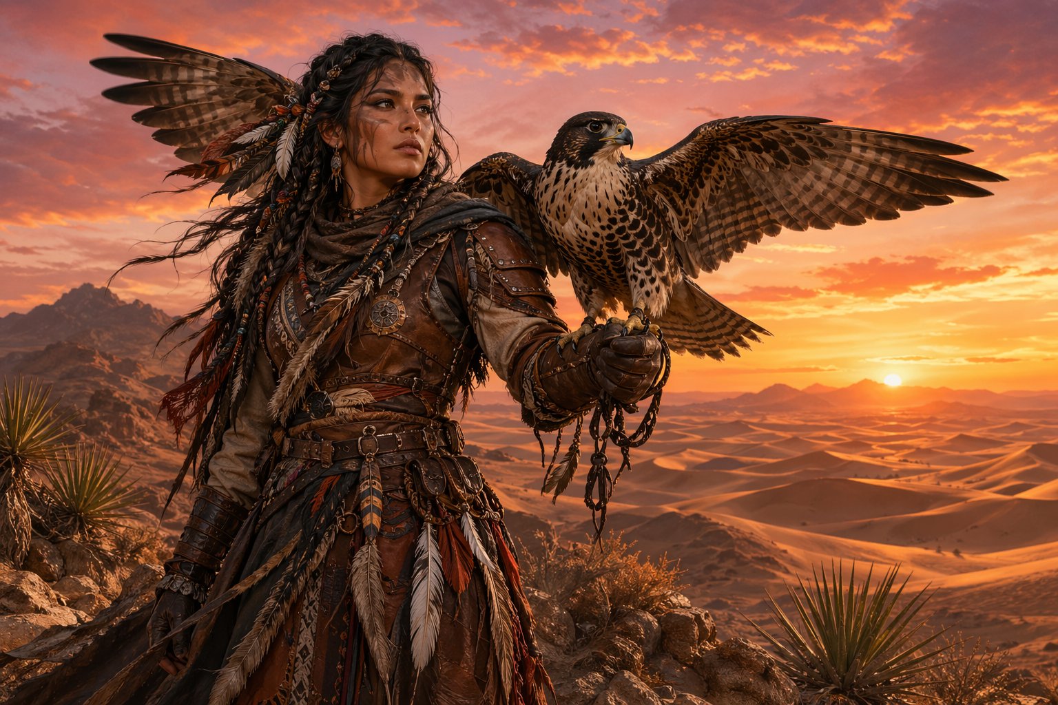 A Woman Dressed As A Falcon Huntress Stands In A Desert Holding A Falcon On Her Arm With Sand Dunes And Mountains In The Background At Sunset.